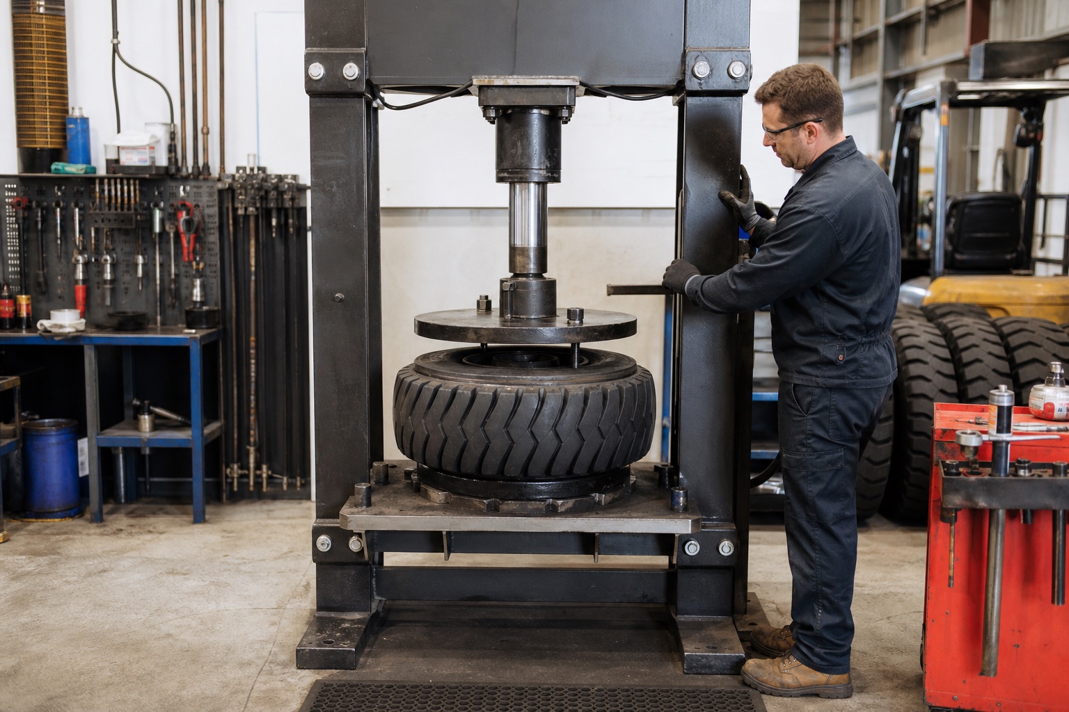 Generated placeholder showing a forklift tyre being pressed in a workshop.