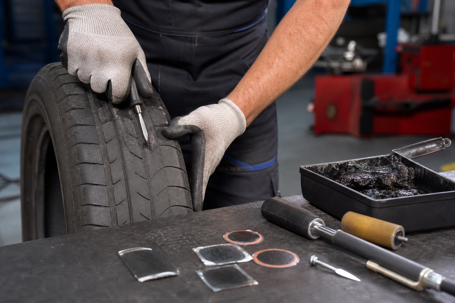 Generated placeholder showing a close-up puncture and vulcanised tyre repair process.