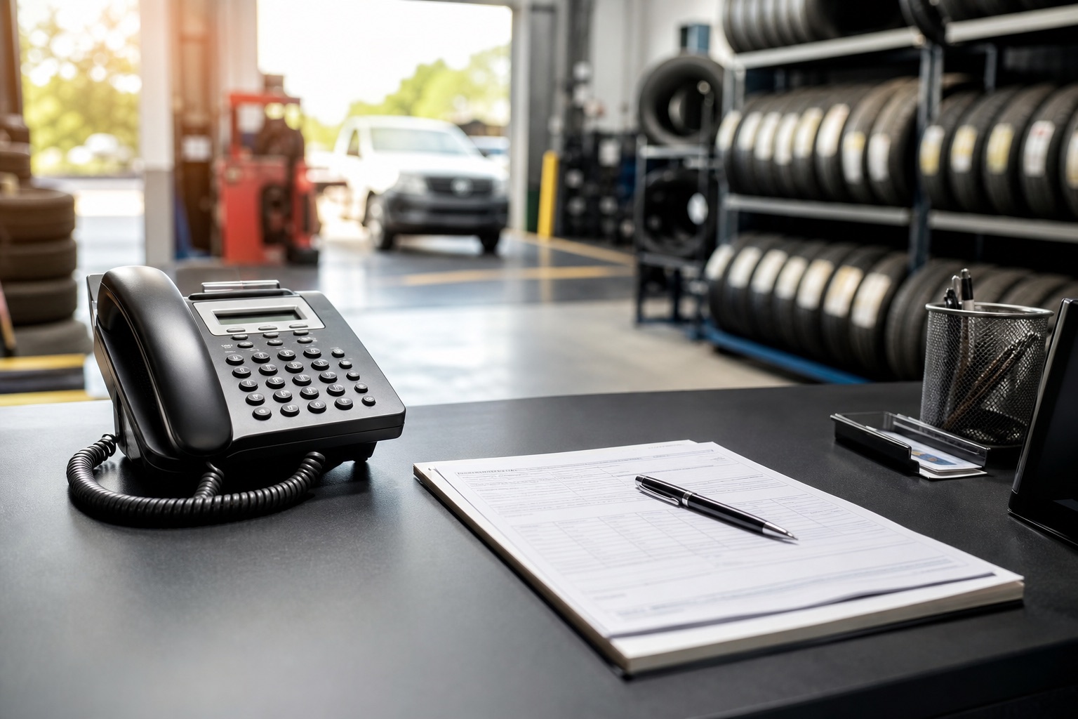 Generated placeholder showing a tyre workshop counter with a phone and job sheet.