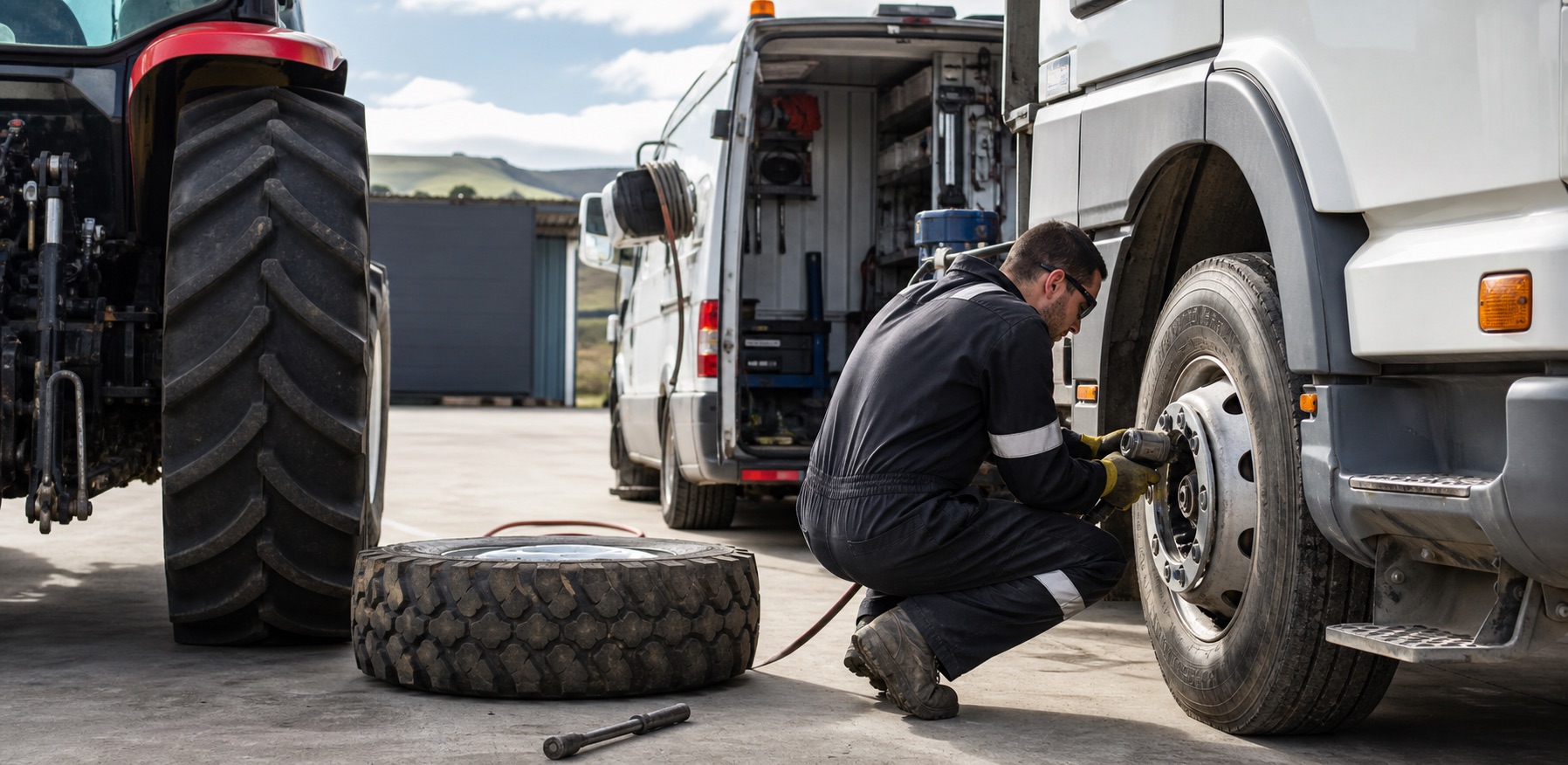 Generated placeholder showing truck fleet and agricultural tyre service work.