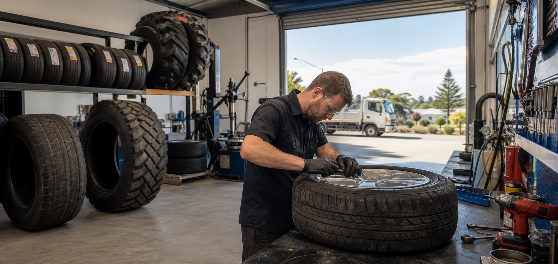 Generated placeholder showing a tyre technician repairing a wheel inside a Hastings workshop.